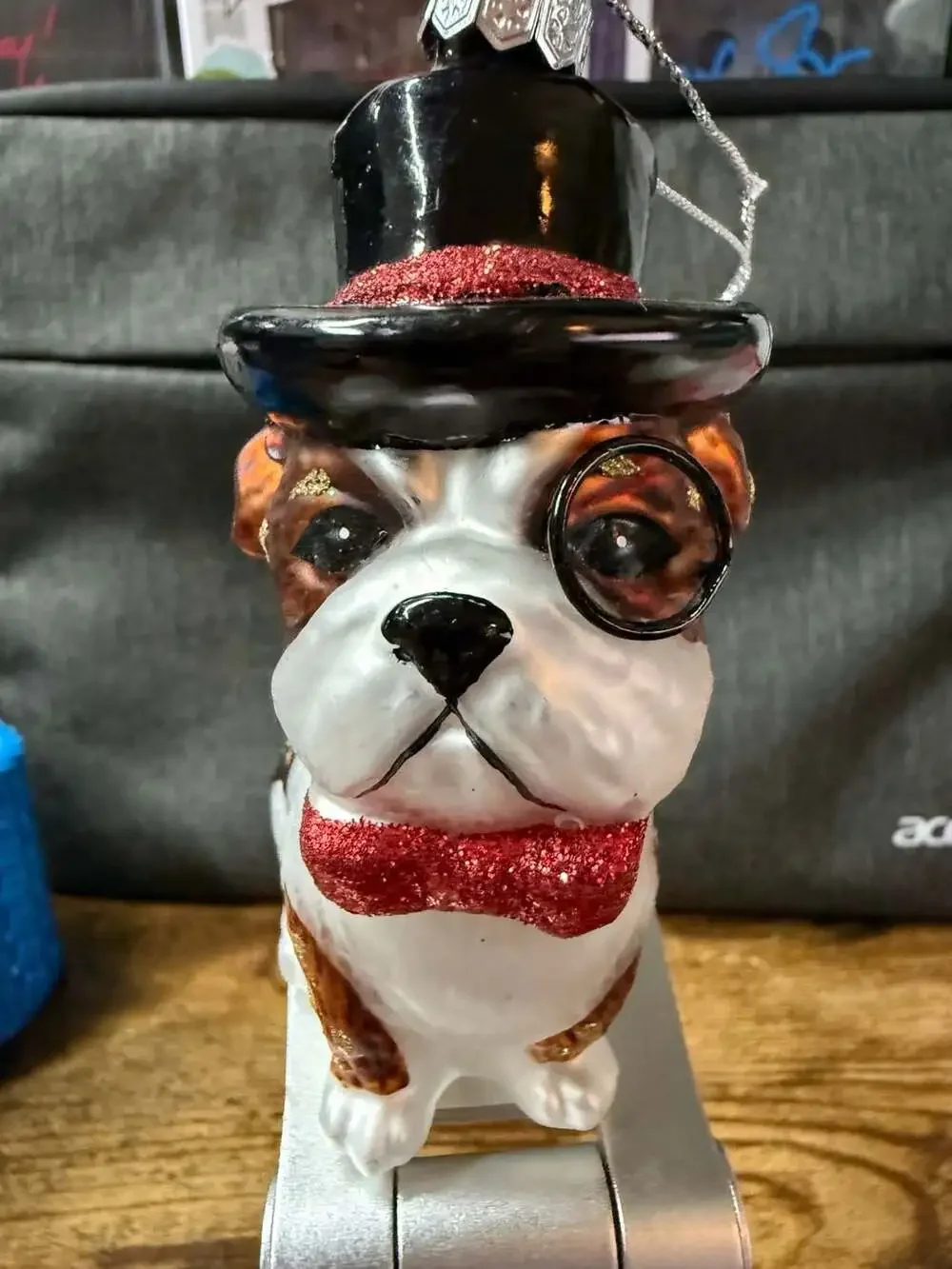 EUC French Bulldog wearing a monocle and a top hat Glass Christmas Ornament